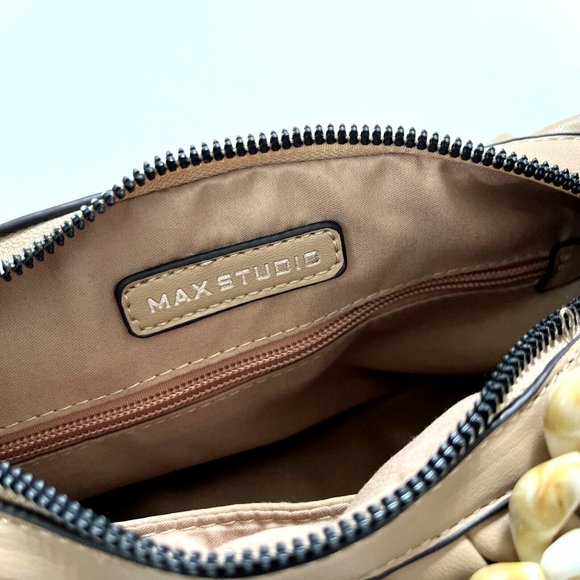NWT Max Studio Ruched Shoulder Bag Beige Chain Strap Vegan Leather Purse Handbag - Picture 6 of 7